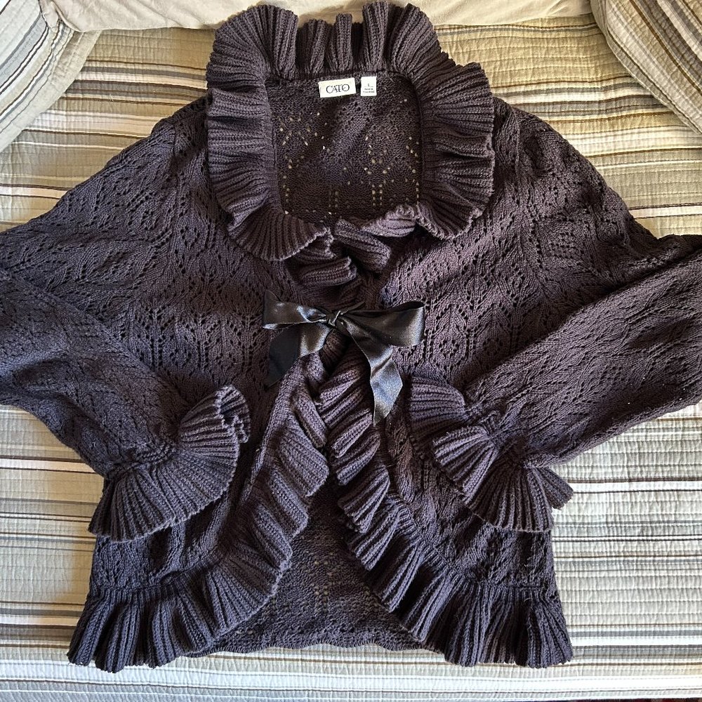 Cato Black Ruffle Ribbon Bow Tie Cardigan